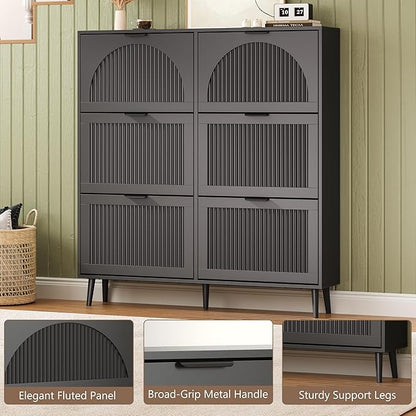 Shoe Cabinet for Entryway with 6 Flip Drawers, Slim Wooden Shoe Storage Organizer with Modern Fluted Pannel，Freestanding Narrow Hidden Shoe Rack for Hallway, Foyer, Living Room