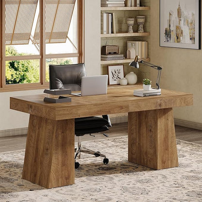 Tribesigns 55" Executive Desk, Wooden Office Desk with Double Pedestal, Modern Simple Computer Writing Table for Home Office, Light Brown