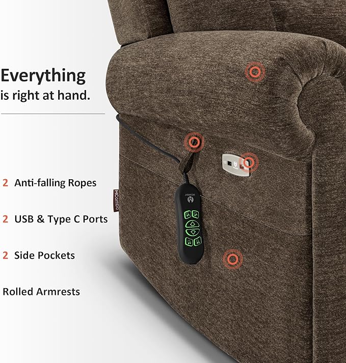 MCombo Triple Motor Power Lift Recliner Chair with Massage and Lumbar&seat Heating, Rolled Arms, Adjustable Headrest for Elderly People, Fabric 7888 (Coffee, Medium)