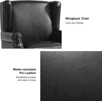 Accent Chair, Upholstered High Back Armchair with Nailhead Trim & Wood Legs, Comfy Wingback Reading Single Sofa Chair for Small Spaces, Living Room, Bedroom (Leather Black, Set of 1)