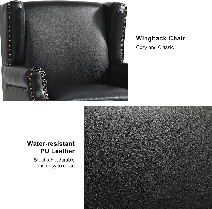 Accent Chair, Upholstered High Back Armchair with Nailhead Trim & Wood Legs, Comfy Wingback Reading Single Sofa Chair for Small Spaces, Living Room, Bedroom, Leather Black, Set of 2