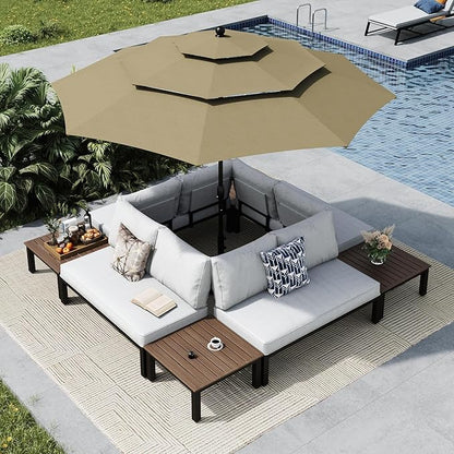 MFSTUDIO 8 Pieces Patio Furniture Set with 10ft 3 Tier Auto-tilt Umbrella,Outdoor Metal Frame Patio Sectional Sofa Conversation Set with 4 Coffee Tables&Removable Cushion for Backyard,Garden,Poolside