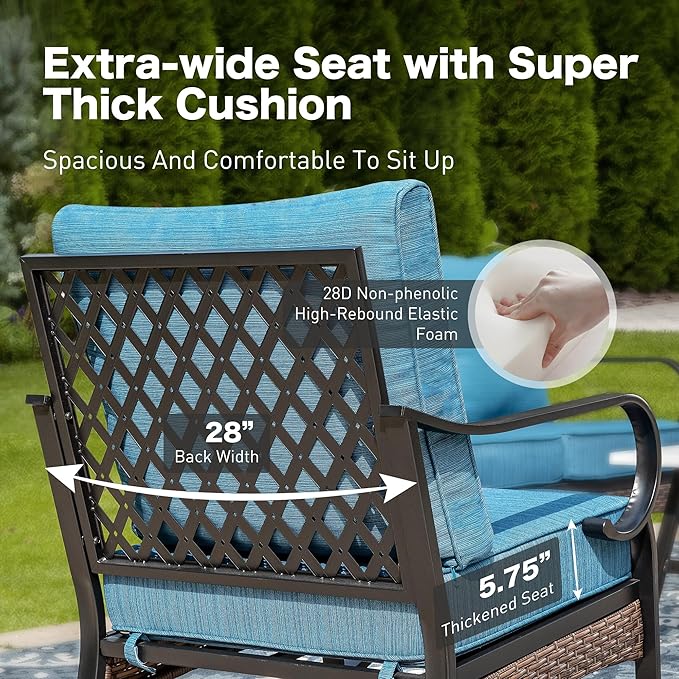 6 Piece Metal Outdoor Patio Furniture Set - 1 3-Seater Sofa, 2 Fixed & 2 Swivel Sofas with 5.75" Thick Cushion & Coffee Table - Black & Blue