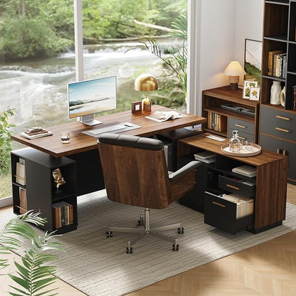 71" Standing Desk with 2 File Cabinet, AC/USB, 1.18" Desktop, L Shaped Height Adjustable Desk, Electric Furniture Set with Multiple Functions for Home and Office, Black Walnut