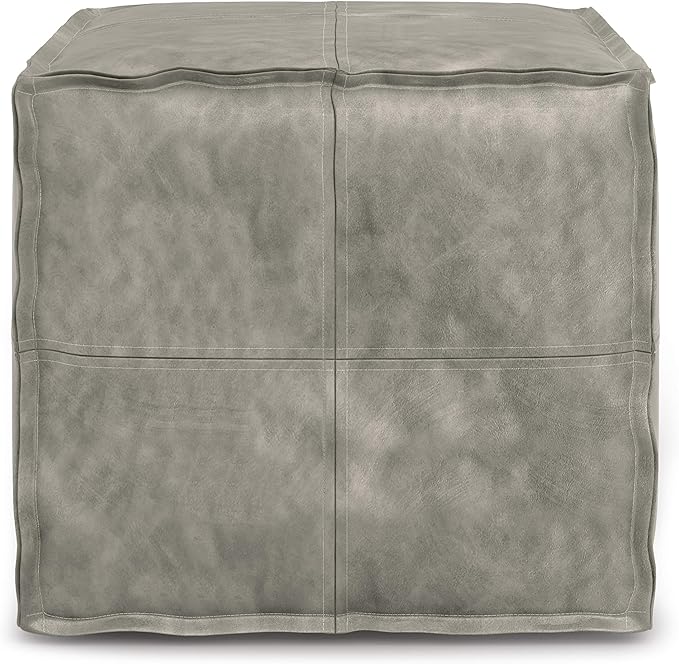 SIMPLIHOME Brody 18-inch Wide Square Pouf in Distressed Grey Vegan Faux Leather, Boho-Style Ottoman, Footstool or Extra Seating for Living Room, Assembled