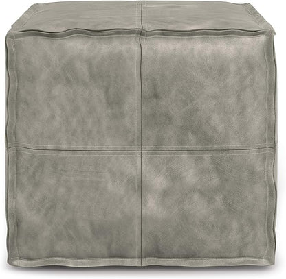 SIMPLIHOME Brody 18-inch Wide Square Pouf in Distressed Grey Vegan Faux Leather, Boho-Style Ottoman, Footstool or Extra Seating for Living Room, Assembled