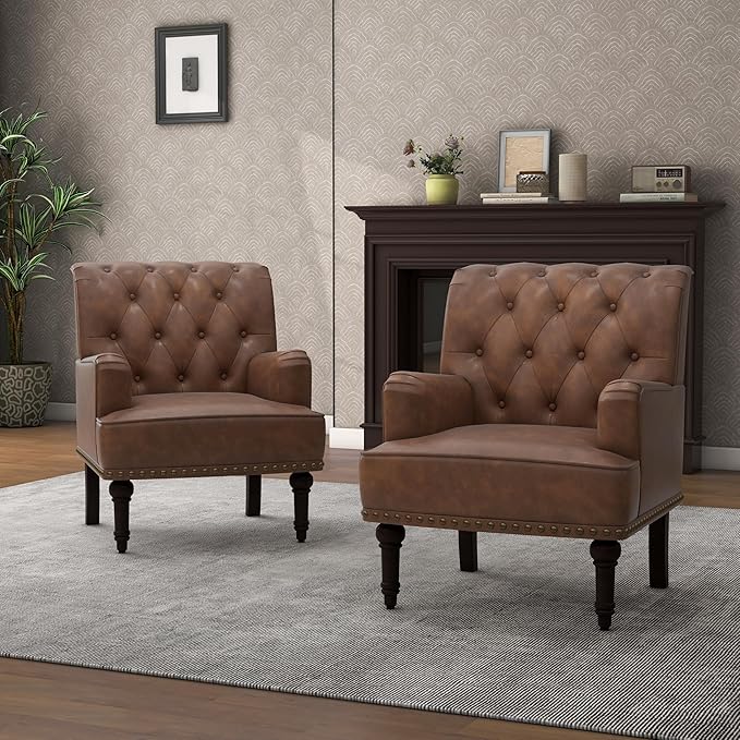 Pia Ricco PU Leather Accent Chair: Modern Nailhead Trim Armchair with Wooden Legs - Upholstered Reading Seat for Office, Living Room, Bedroom-Brown