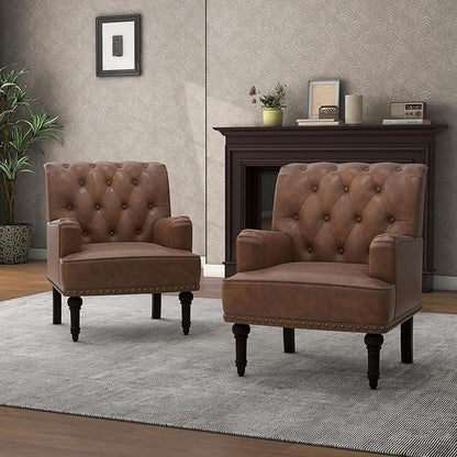 Pia Ricco PU Leather Accent Chairs 2 Pack - Modern Armchairs with Wooden Legs, Office Living Room Bedroom Seating Set-Brown
