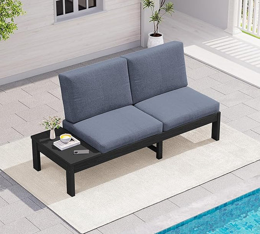 SERWALL HDPE Outdoor Loveseat Set, All-Weather Modular Patio Sofa, Sectional Seating for Backyard or Balcony, Garden, Black Frame with Grey Cushion