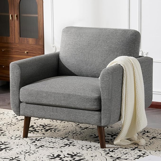 ELUCHANG Accent Chair Set of 1, Oversized Mid Century Modern Arm Chair, Soft Linen Fabric Sofa Chairs Upholstered Comfy Chair for Living Room Bedroom Apartment (Grey)