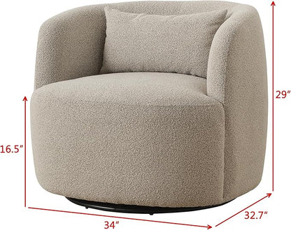 KINWELL 34" Wide Sherpa Swivel Barrel Chairs Set of 2, No Assembly Round Boucle Upholstered Accent Chairs Armchairs Single Sofa Chair with Toss Pillow for Living Room and Bedroom, Taupe