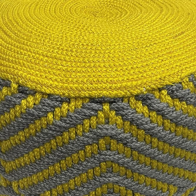 SIMPLIHOME Kent Boho Round Woven Outdoor/ Indoor Pouf in Grey and Yellow Recycled PET Polyester for the Living Room, Bedroom and Kids Room