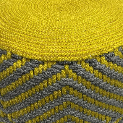 SIMPLIHOME Kent Boho Round Woven Outdoor/ Indoor Pouf in Grey and Yellow Recycled PET Polyester for the Living Room, Bedroom and Kids Room