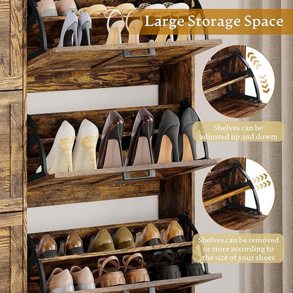Shoe Cabinet Storage for Entryway, Shoe Storage Cabinet with 6 Flip Drawers, Freestanding Narrow Shoe Rack Organizer with Metal Legs, Adjustable Shelves & Open Storage for Foyer, Hallway, Brown