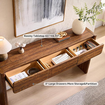 OKD 63'' Console Table with 3 Drawers, Farmhouse Entryway Table with Rounded Corners, Console Table Behind Couch for Living Room/Hallway-Reclaimed Barnwood