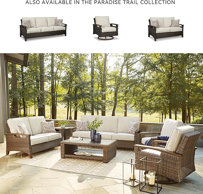 Signature Design by Ashley Paradise Trail Outdoor Patio Sofa with Cushion and 2 Throw Pillows, Cleanable Performance Fabric, Resin Wicker, Brown & Beige