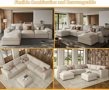 EASE MOOSE Oversized Corner Modular Sectional Sofa, Faux Leather Sectional Sofa with Deep Seat, Scratch Resistant Faux Leather Material, Extra Large L Shaped Couch, Beige