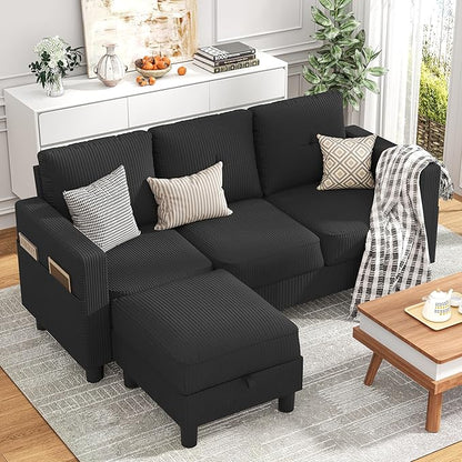 JY QAQA Convertible Sectional Sofa Couch with 3-Seat Sofa, L-Shaped Ottoman Couch with Modern Linen Fabric for Small Living Room, Apartment and Small Space(Black)