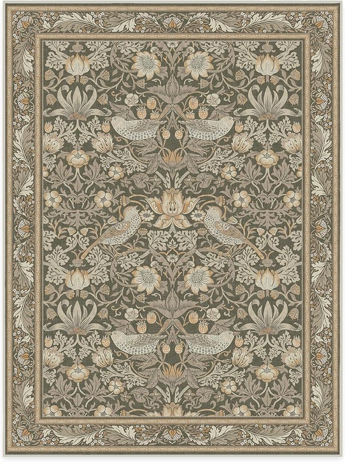 RUGGABLE x Morris & Co Washable Area Rug–Strawberry Thief Stone Gold 9x12, Stain-Resistant, Non-Slip–Large Machine Washable Rugs for Living Room, Bedroom, Hallway, Entryway & Office–with Standard Pad