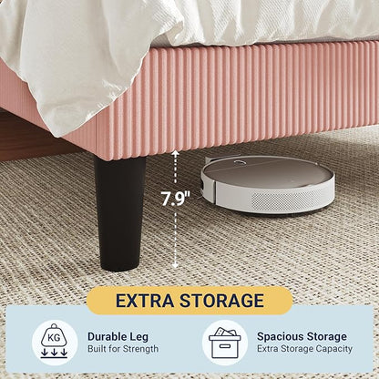 Allewie Full Size Upholstered Bed Frame with Vertical Channel Tufted Headboard, Soft Corduroy Fabric Platform Bed, Strong Wooden Slats Support, Easy Assembly, No Box Spring Needed, Light Pink