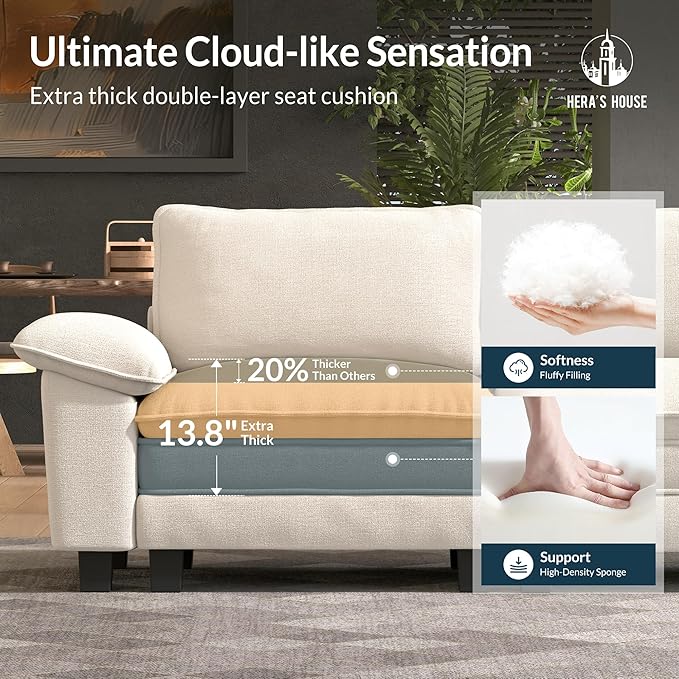 HERA'S HOUSE 124" Modular Sectional Sofa, Oversized Couches for Living Room, Comfy Cloud Couch 3-Seater Deep Seat Sofa with Throw Pillow, Chenille Beige