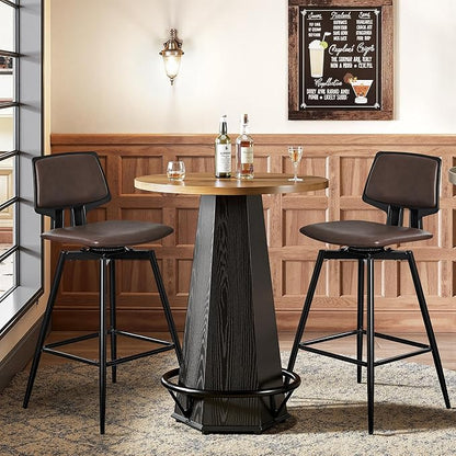 VECELO Swivel Leather Bar Stools Set of 2, Counter Height Barstools with Back, Metal Legs, 35.2-Inch Tall Barstools for Kitchen Island, Home Bar, Cafe, Brown