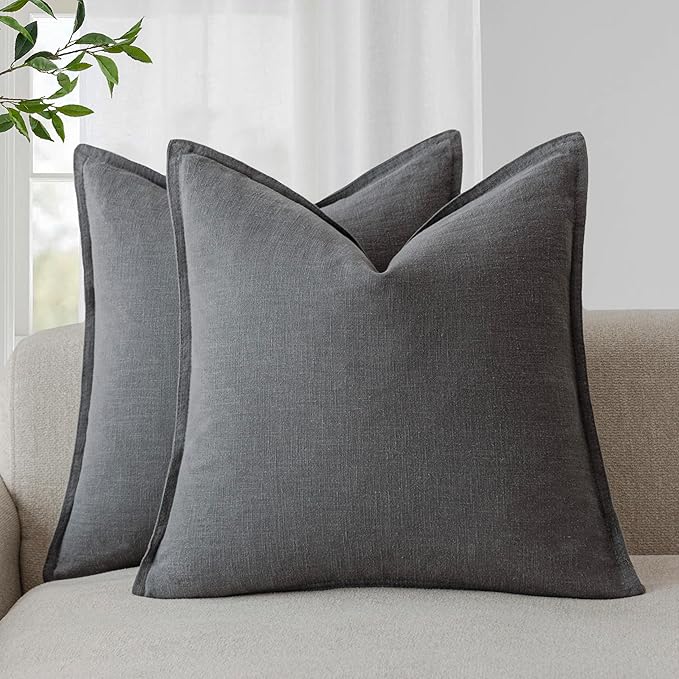 Foindtower Pack of 2, Decorative Linen Soild Throw Pillow Covers Soft Accent Cushion Case Boho Farmhouse Pillowcase for Chair Couch Sofa Bedroom Living Room Home Decor 22 x 22 Inch Grey