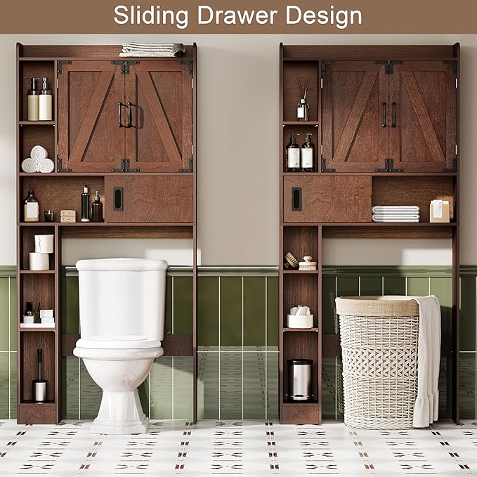 ChooChoo Over The Toilet Storage Cabinet, Farmhouse Bathroom Storage Cabinet with Sliding Door, Over Toilet Storage with Adjustable Shelves, Space-Saving, Walnut