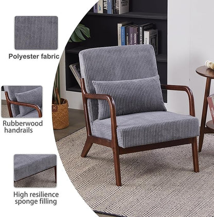 Accent Chairs, Mid-Century Modern Chair with Pillow, Armchair with Solid Wood, Reading Relaxing Leisure Chair for Living Room（Dark Grey/Walnut）