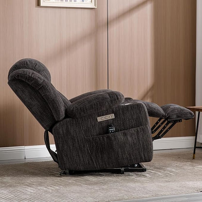 Electric Power Lift Chair, Chenille Recliner Massage Chair Living Room Furniture with 8-Point Vibration Massage and Lumbar Heating, USB and Type-C Ports, Cup Holders - Grey