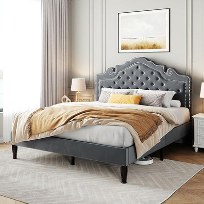 SHA CERLIN Queen Bed Frame with Adjustable Headboard/Velvet Upholstered/Diamond Button Tufted and Metal Studs/No Box Spring Needed/Wooden Slat Support/Easy Assembly/Light Grey