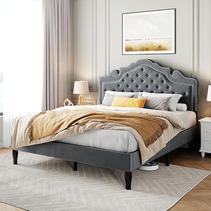 SHA CERLIN Full Size Bed Frame with Adjustable Headboard/Velvet Upholstered/Diamond Button Tufted and Metal Studs/No Box Spring Needed/Wooden Slat Support/Easy Assembly/Light Grey