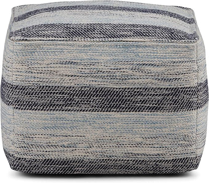 SIMPLIHOME Clay Boho Square Pouf in Patterned Blue Melange Cotton for the Living Room, Bedroom and Kids Room