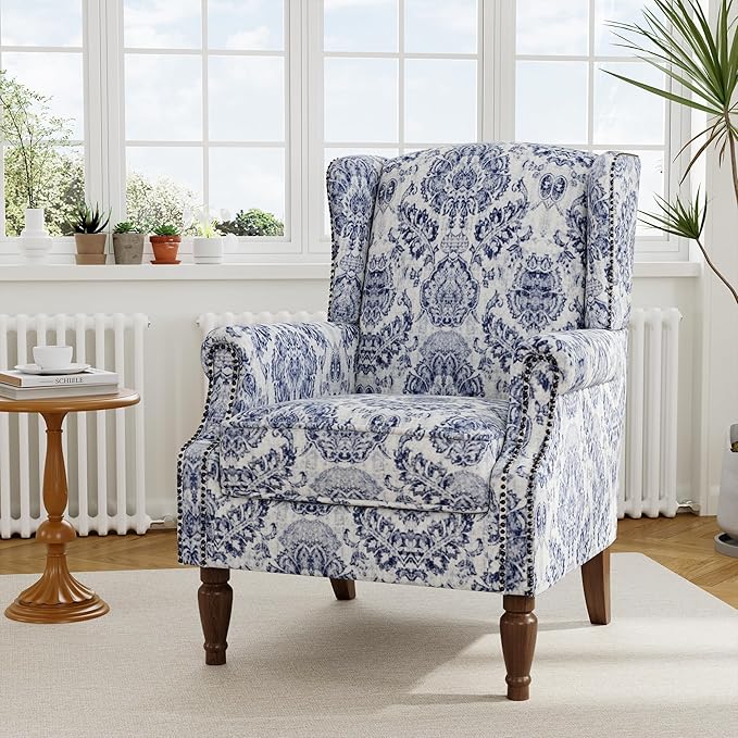 Accent Chair Set of 2, Upholstered High Back Floral Armchair with Nailhead Trim & Wood Legs, Comfy Wingback Reading Single Sofa Chair for Small Spaces, Living Room, Bedroom-Navy Blue Floral