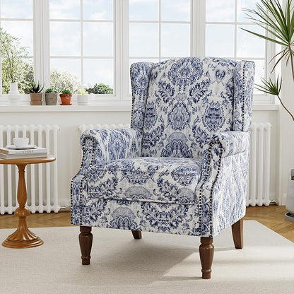 Accent Chair Set of 2, Upholstered High Back Floral Armchair with Nailhead Trim & Wood Legs, Comfy Wingback Reading Single Sofa Chair for Small Spaces, Living Room, Bedroom-Navy Blue Floral
