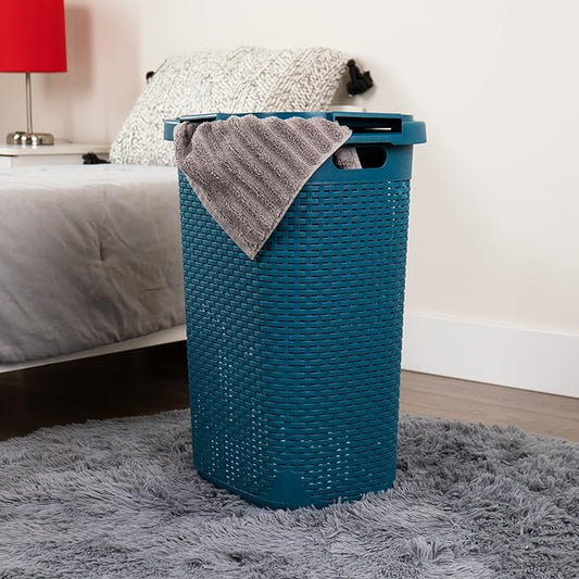 Mind Reader Slim Laundry Hamper with Lid, 60L Clothes Basket, Premium Wicker Design, Plastic, Blue