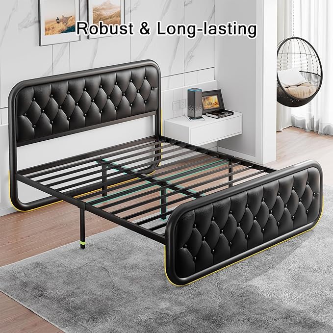 Full Size Metal Bed Frame with Button Tufted Leather Upholstered Headboard and Footboard, U-Shape Support Foundation, No Box Spring Required, Black