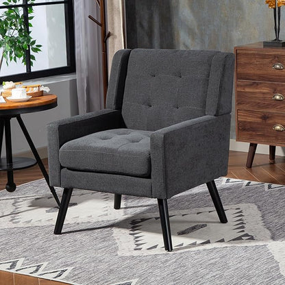 Mid-Century Modern Accent Chair, Plush Linen Fabric with Button Tufted High Back & 5" Thick Cushion, High Comfort Reading Chair for Living Room, Bedroom, Office (Dark Gray)