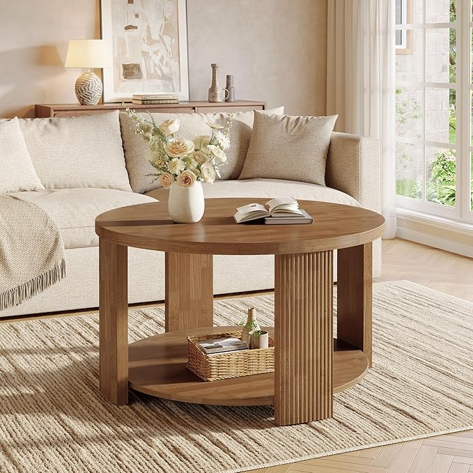 Tribesigns 2-Tier Round Coffee Table for Living Room, 31.5-Inch Mid-Century Modern Circle Accent Center Table with Thick Tabletop, Farmhouse Low Cocktail Tea Furniture, Easy Assembly (Rustic Brown)