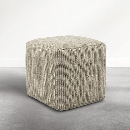 SIMPLIHOME Zelma Pouf - 18 inch Wide Upholstered Recycled PET Polyester Square Pouf Ottoman in Dune Beige, Boho Indoor/Outdoor Footstool for Patio or Living Room with Handwoven Design, Assembled