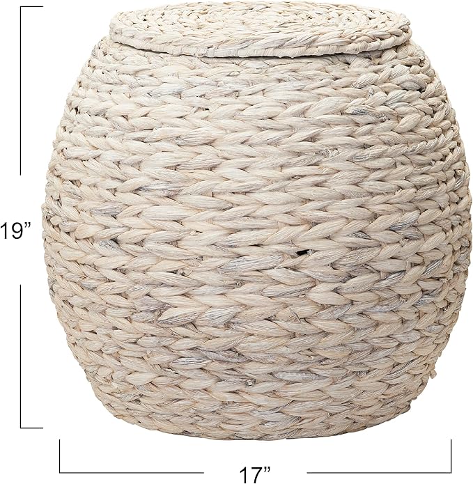 Household Essentials Handwoven Water Hyacinth Barrel Wicker Storage Basket Side Table, Cream Finish