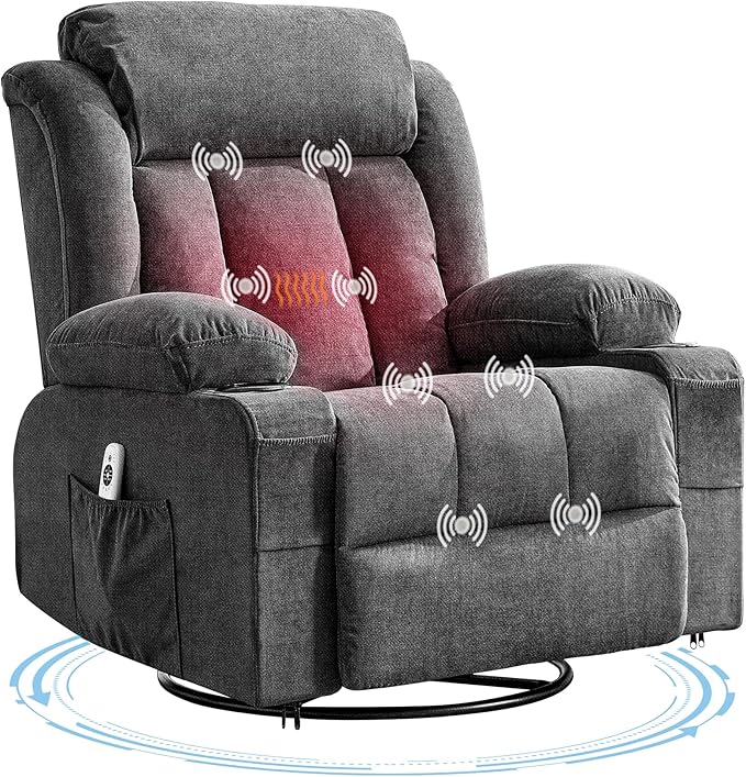 Rocking Recliner Chair with Heat and Massage, Nursery Recliner 360° Swivel Oversized Chairs for Adults, Lazy Boy Single Sofa Seat with 3 Positions, 2 Side Pockets, Cup Holders, and USB Ports, Grey