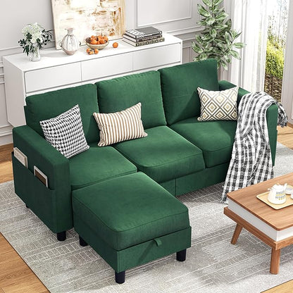 JY QAQA Convertible Sectional Sofa Couch with 3-Seat Sofa, L-Shaped Ottoman Couch with Modern Linen Fabric for Small Living Room, Apartment and Small Space(Green)