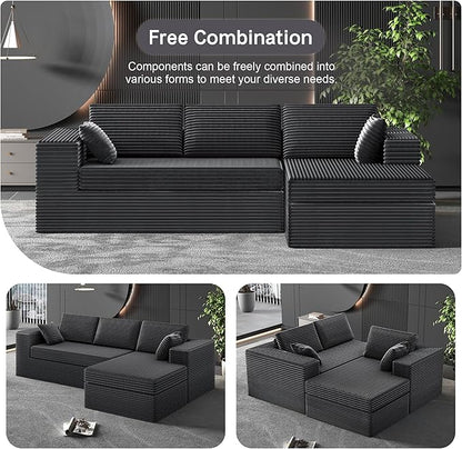 108-inch Boneless Couch for Living Room，Comfy Boneless Sofa with Deep Seats & Chaise Lounge, 3-Seat Modular Sofa Memory Foam Sectional Couches - No Assembly Required(Dark Grey)