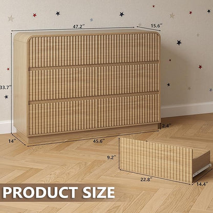 Dresser for Bedroom with 6 Drawers, Fluted Chest of Drawers with Round Curved Corner, Hidden Handles, Modern Wood Storage Organizer for Bedroom, Nursery, Living Room