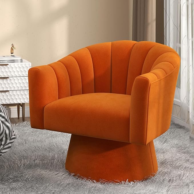 Swivel Accent Chair,Upholstered Velvet 360° Swivel Barrel Chair for Living Room Overstuffed Bouncle Reading Chair Round Armchair for Bedroom,Vanity,Office(Orange)