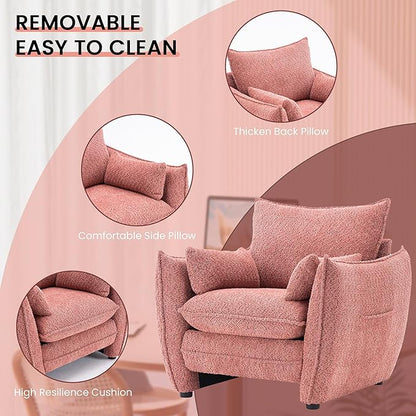 Chenille Oversized Accent Chairs Set of 2, Modern Oversized Armchair with Removable Pillow, Comfy Living Room Chair with Side Pocket Storage for Bedroom, Office, Pink