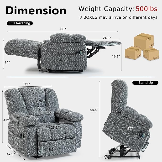 Big Man Recliner 500lbs Power Lift Recliner Chair for Big Tall Elderly Adults Oversized Lay Flat Lift Recliner with Extended Footrest,Heat Massage,Flip Arm Storage Cup Holders,USB Type C