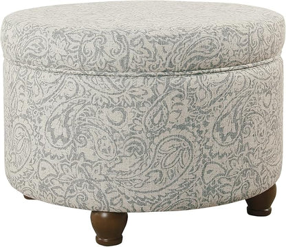 HomePop Home Decor | Upholstered Round Storage Ottoman | Ottoman with Storage for Living Room & Bedroom, Light Gray Floral Large