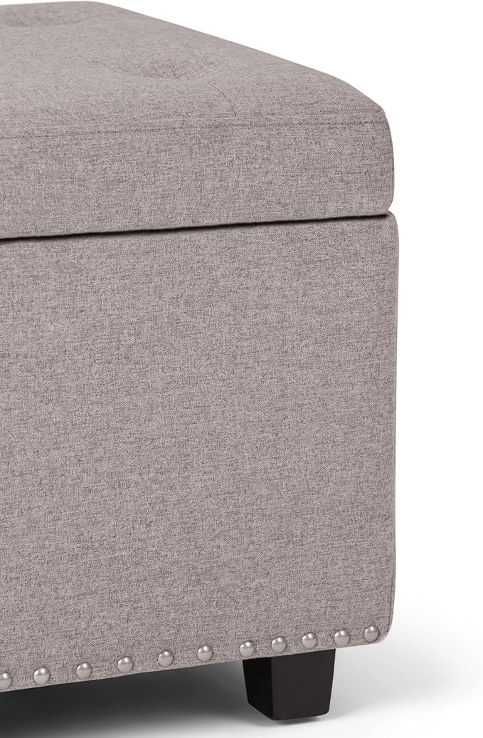 SIMPLIHOME Hamilton 48 inch Wide Transitional Rectangle Storage Ottoman in Cloud Grey Linen Look Fabric, Assembled, For the Living Room, Entryway and Family Room